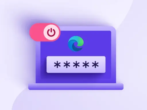 Ein Laptop mit dem Edge-Logo und Sternchen für ein Passwort. Ein roter Schalter mit einem Power-Symbol ist daneben zu sehen.
