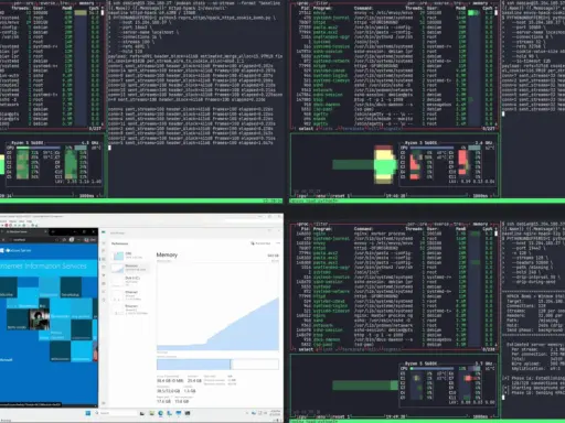 Mehrere Terminals zeigen die Ausführung von nginx for Windows, Systeminformationen und die Auslastung der CPU.
