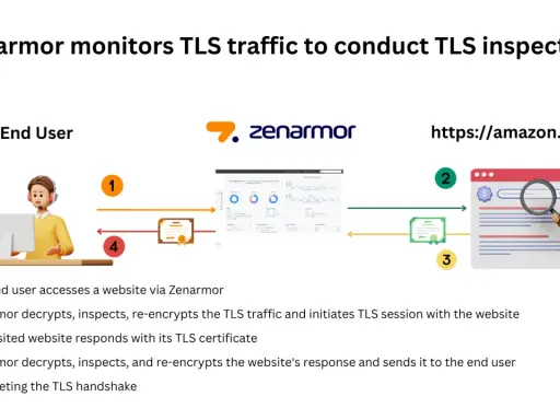 Zenarmor überwacht TLS-Verkehr für Inspektion. Ein Nutzer greift über Zenarmor auf eine Website zu, die mit einem Zertifikat antwortet. Der **curl sni**-Prozess wird hier erklärt.