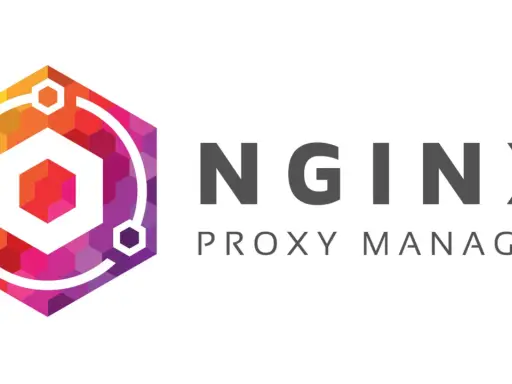 Logo mit einem bunten sechseckigen Muster und dem Text "NGINX PROXY MANAGER".