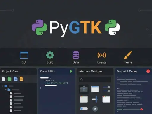 PyGTK-IDE zum **python gui erstellen**. Zeigt Code-Editor, Projektansicht, Interface Designer und Output.