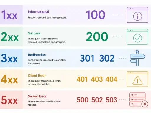 HTTP-Statuscodes: 1xx Info, 2xx Erfolg, 3xx Weiterleitung, 4xx Client-Fehler (z.B. autorisierung fehlgeschlagen), 5xx Server-Fehler.