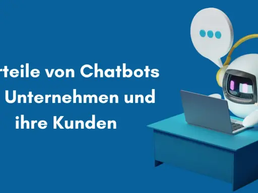 Ein freundlicher Roboter mit Kopfhörern sitzt am Schreibtisch und arbeitet am Laptop. Er hilft Unternehmen, einen Bot zu bauen, um Kunden zu unterstützen.
