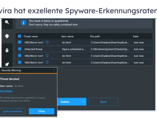 Avira hat 4 Elemente in Quarantäne, darunter eine potenziell schädliche Spyware-App namens Jer.html.
