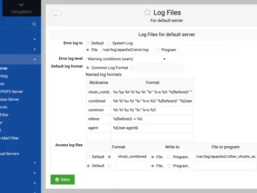 Webmin-Oberfläche zur Konfiguration von Log-Dateien für den Apache Webserver. Hier werden der Apache Servername und Log-Formate festgelegt.