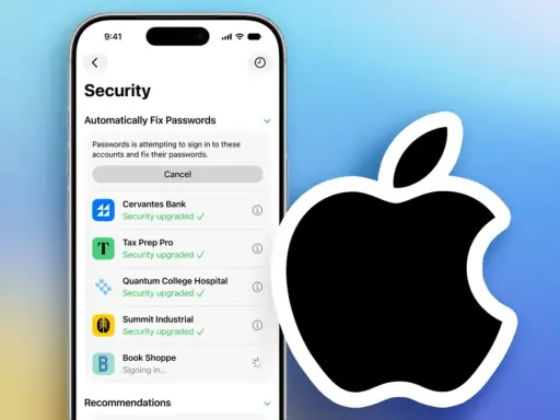 iPhone-Bildschirm zeigt "Sicherheit" mit der Option "Passwörter automatisch reparieren", was auf einen iPhone Passwort Manager hindeutet.