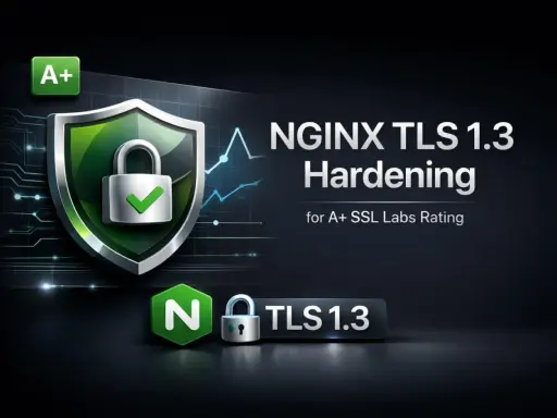 NGINX TLS 1.3 Hardening für A+ SSL Labs Rating. Ein Schild mit Schloss und Haken symbolisiert Sicherheit.