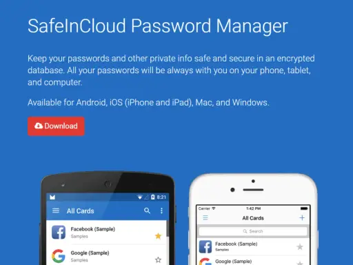 SafeInCloud: Ein lokaler Passwort Manager für sichere Speicherung auf allen Geräten. Download-Button sichtbar.