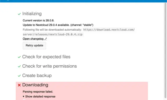 Update fehlgeschlagen: client denied by server configuration. Download von Nextcloud 29.0.4 nicht möglich.