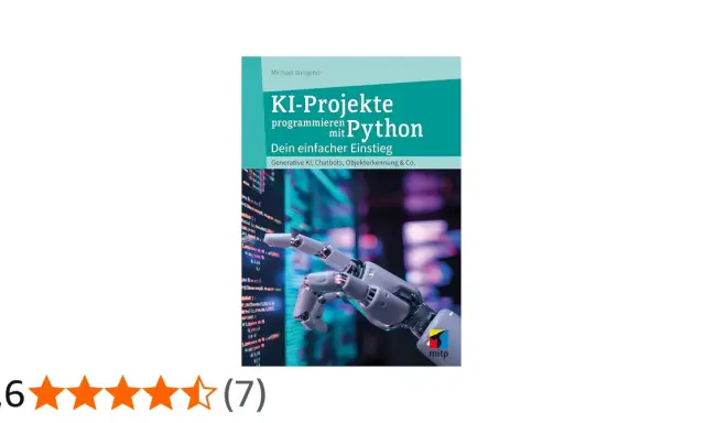 Buchcover: KI-Projekte programmieren mit Python. Ein Roboterfinger zeigt auf Code.