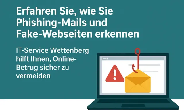 Ein Laptop zeigt eine Warnung und eine E-Mail, die von einem Haken gefischt wird. So erkennen Sie Phishing und betrügerische virus website.