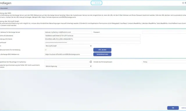 Einstellungen für die Exchange-Verbindung. Hier können Sie die E-Mail-Adresse, den Mandanten und die URL für den renew exchange certificate eintragen.