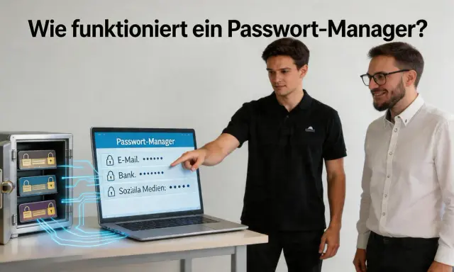 Zwei Männer erklären, wie funktioniert ein Passwort-Manager. Ein Tresor mit Passwortkarten und ein Laptop zeigen die sichere Speicherung.