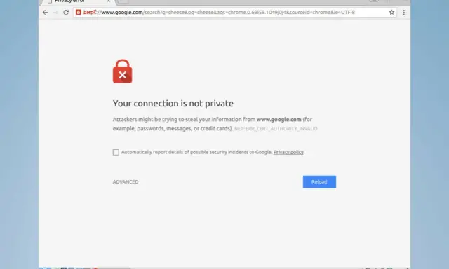 Chrome zeigt eine Datenschutzfehlermeldung: "Ihre Verbindung ist nicht privat" wegen eines err_ssl_version_or_cipher_mismatch.
