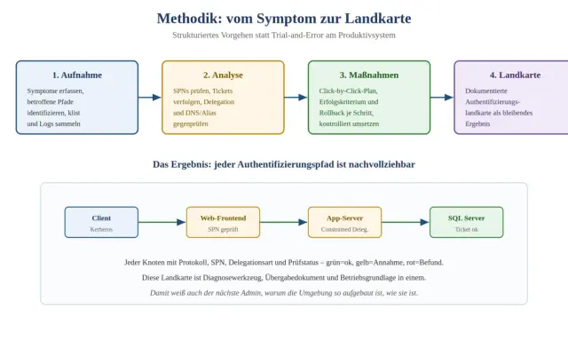 Diagramm zeigt Methodik zur Erstellung einer Landkarte, die den Authentifizierungspfad, z.B. mit Kerberos, dokumentiert.