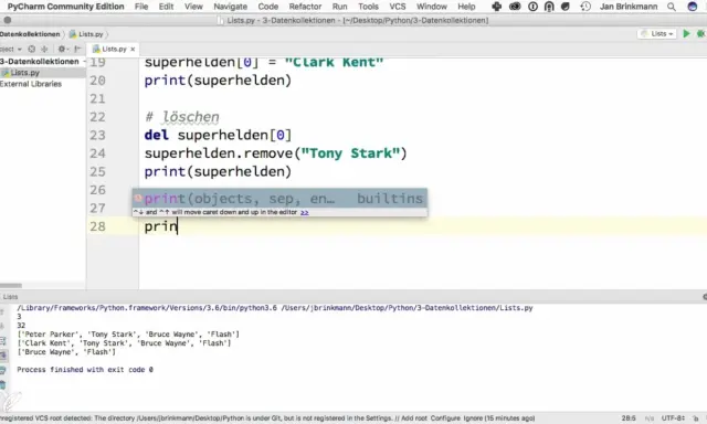 Python Grundlagen: Code zeigt Listenmanipulation in PyCharm. Superhelden werden hinzugefügt und entfernt.