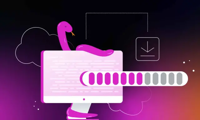 Ein pinker Python-Charakter umarmt einen Monitor, während eine Fortschrittsleiste und ein Download-Symbol den Prozess des Python installieren anzeigen.