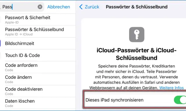 So funktioniert Passkey: Einstellungen zeigen iCloud-Passwörter & Schlüsselbund. Synchronisation für dieses iPad ist aktiviert.