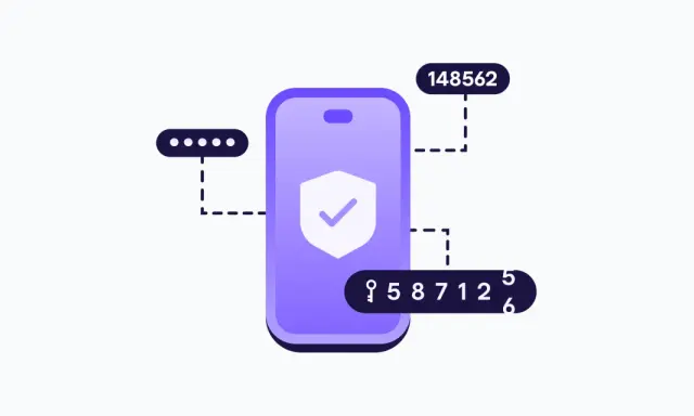 Sichere Anmeldung: Smartphone mit Sicherheitsschild, Passwortpunkte, Schlüssel und TOTP-Codes (z.B. 148562, 958712).