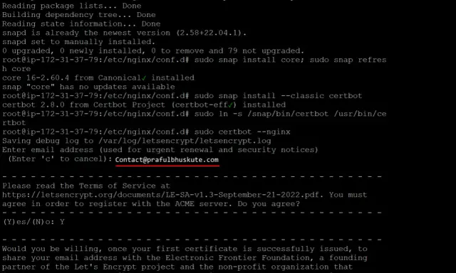 Installation von Certbot auf Ubuntu mit Snap. E-Mail-Adresse für Benachrichtigungen wird eingegeben.