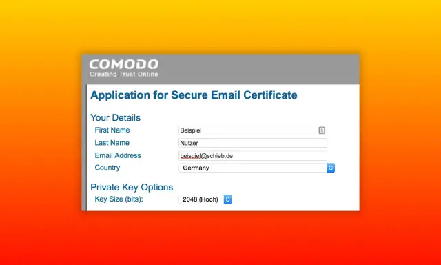 Antrag auf ein sicheres E-Mail-Zertifikat von Comodo. Hier können Sie ein kostenloses S/MIME-Zertifikat beantragen, indem Sie Ihre Daten eingeben.