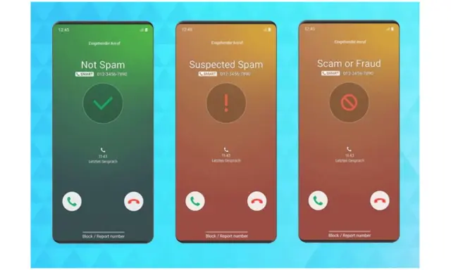 Drei Handy-Bildschirme zeigen, was bedeutet Spam auf dem Handy: "Not Spam" (grün), "Suspected Spam" (orange) und "Scam or Fraud" (rot).