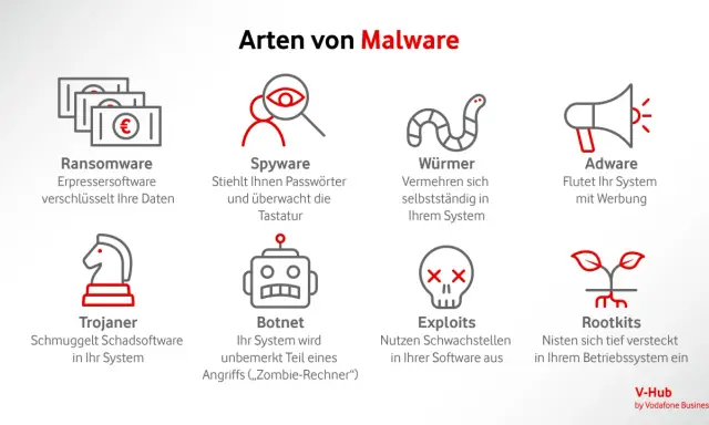 Arten von Malware: Ransomware, Spyware, Würmer, Adware, Trojaner, Botnet, Exploits, Rootkits. Malware vs. Virus: Die Grafik zeigt verschiedene Arten von Malware.