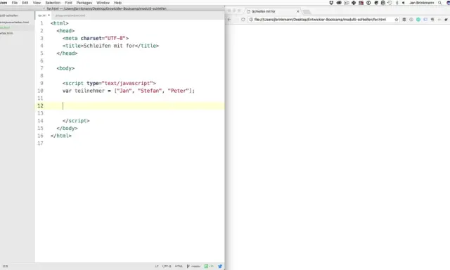 HTML-Code mit JavaScript, der eine Schleife mit dem Schlüsselwort "for" vorbereitet, um Teilnehmernamen auszugeben.