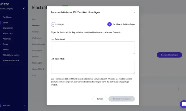 Benutzerdefiniertes SSL-Zertifikat hinzufügen: Inhalte der .key und .crt-Dateien einfügen, um das SSL-Zertifikat zu installieren.