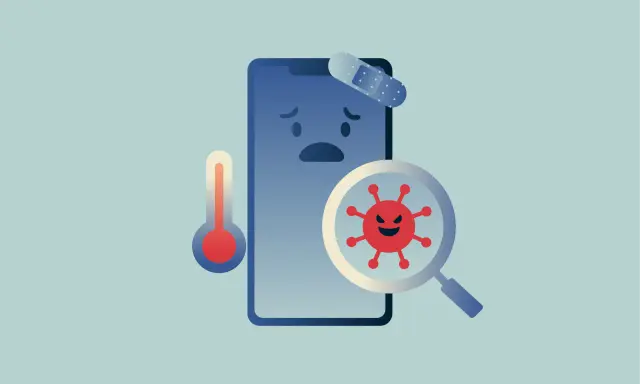 Trauriges Smartphone mit Pflaster, Thermometer und Lupe, die ein böses Virus zeigt. Das ist Scareware, die Angst macht.