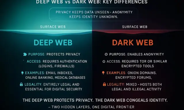Vergleich von Deep Web und Dark Web: Deep Web schützt Privatsphäre, Dark Web ermöglicht Anonymität. Unterschiede bei Zweck, Zugang und Legalität.