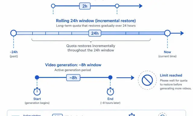 Zeitfenster für Videogenerierung: ~8h. Wenn der **rate limit reached** erreicht ist, muss auf Quota-Wiederherstellung gewartet werden.