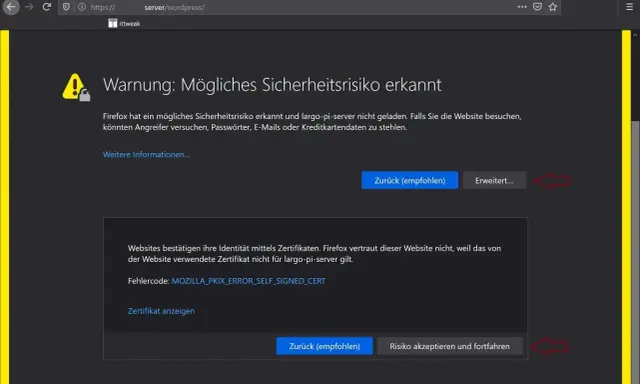 Firefox-Warnung: Mögliches Sicherheitsrisiko wegen eines selbstsignierten Apache-Zertifikats. MOZILLA_PKIX_ERROR_SELF_SIGNED_CERT.