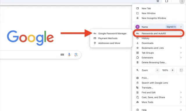 Google Chrome Menü: "Passwörter und Autofill" auswählen, um den Google Passwortmanager zu deaktivieren.