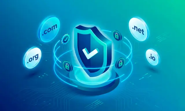 Sicheres Domain-Management: Schild mit Häkchen, umgeben von .com, .org, .net, .io und Schlössern. Kein curl error 60 hier!