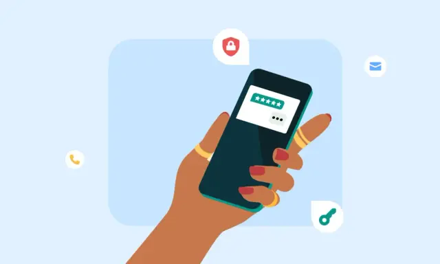 Hand hält Smartphone mit einem OTP SMS-Code. Symbole für Sicherheit und Kommunikation umgeben das Bild.