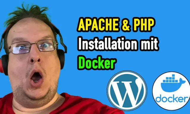 Mann mit grünen Haaren und Kopfhörern erklärt die Installation von Apache & PHP mit Docker. WordPress- und Docker-Logos sind sichtbar.