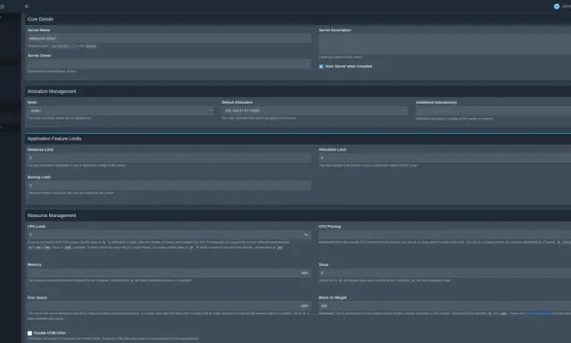 Pterodactyl-Panel-Einstellungen für einen Minecraft-Server, inklusive CPU-Limit, Speicher und Festplattenspeicher.