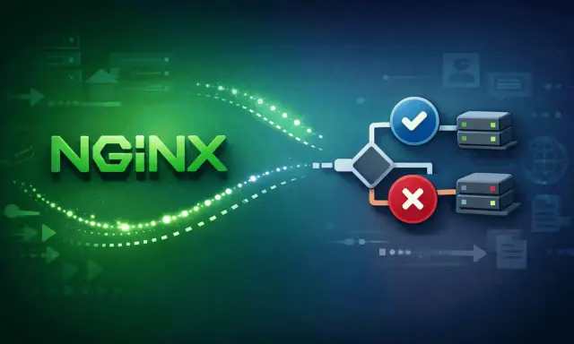 NGINX-Logo mit einem Flussdiagramm, das eine Entscheidung trifft: entweder Erfolg (grüner Haken) oder Fehler (rotes Kreuz), mit Servern und Symbolen.