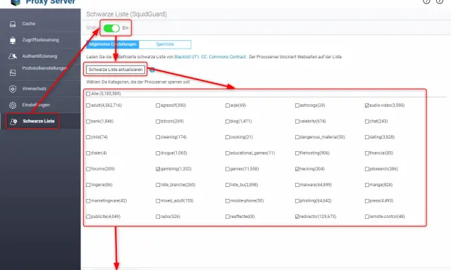 QNAP Reverse Proxy: Schwarze Liste mit Kategorien wie "gambling" und "hacking" zur Sperrung von Webseiten.