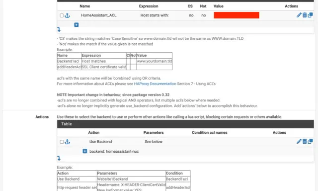 pfSense HAProxy: ACLs definieren, z.B. "HomeAssistant_ACL" für Host-Starts. Aktionen wählen, um Backends zu steuern.