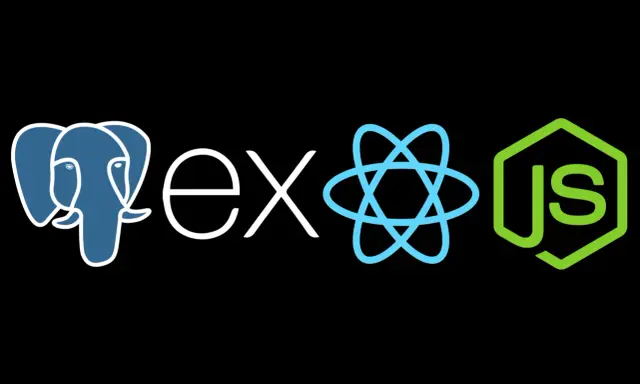 Logos für PostgreSQL, Express.js, React und Node.js, die den MERN-Stack repräsentieren.