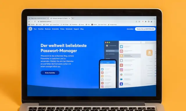 Laptop zeigt Webseite für den Passwort-Manager 1Password. Der Text "Der weltweit beliebteste Passwort-Manager" ist prominent. Ideal für Windows-Nutzer, die ihre Daten schützen wollen.