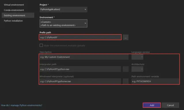 Konfiguration einer bestehenden Python-Umgebung mit Pfadangaben und Beschreibung.