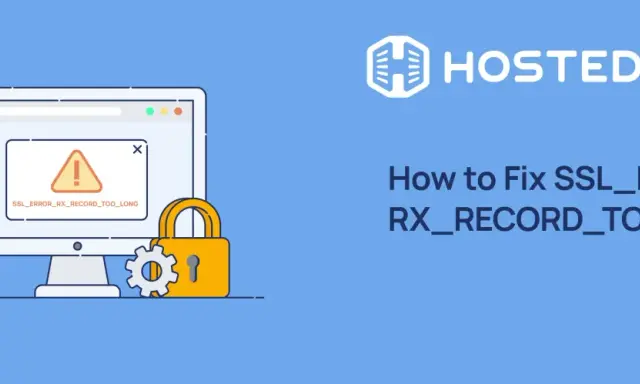 Ein Computer zeigt den Fehler "ssl_error_rx_record_too_long" an. Ein Schloss und Zahnrad symbolisieren die Lösung.