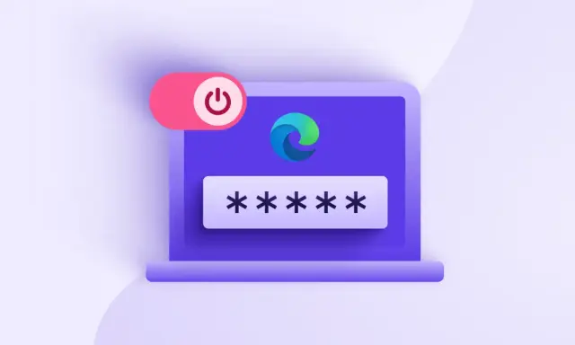 Ein Laptop mit dem Edge-Logo und Sternchen für ein Passwort. Ein roter Schalter mit einem Power-Symbol ist daneben zu sehen.