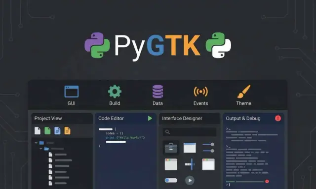 PyGTK-IDE zum **python gui erstellen**. Zeigt Code-Editor, Projektansicht, Interface Designer und Output.