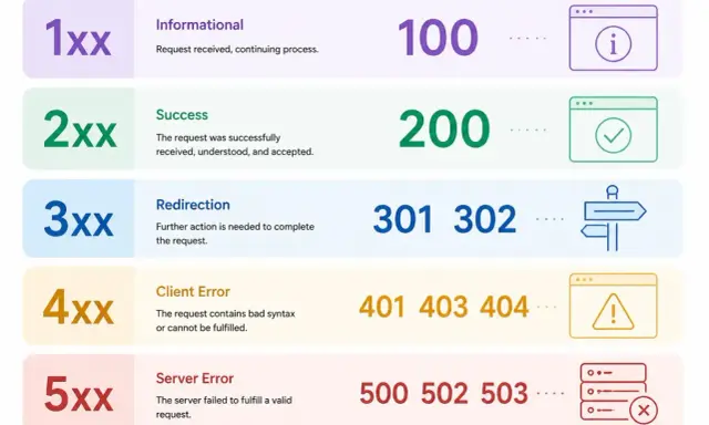 HTTP-Statuscodes: 1xx Info, 2xx Erfolg, 3xx Weiterleitung, 4xx Client-Fehler (z.B. autorisierung fehlgeschlagen), 5xx Server-Fehler.