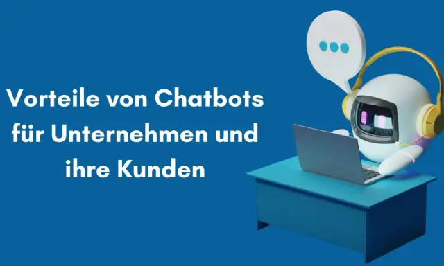 Ein freundlicher Roboter mit Kopfhörern sitzt am Schreibtisch und arbeitet am Laptop. Er hilft Unternehmen, einen Bot zu bauen, um Kunden zu unterstützen.