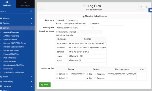Webmin-Oberfläche zur Konfiguration von Log-Dateien für den Apache Webserver. Hier werden der Apache Servername und Log-Formate festgelegt.